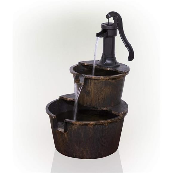 27" Tall 2-Tier Barrel and Pump Waterfall Fountain, Bronze